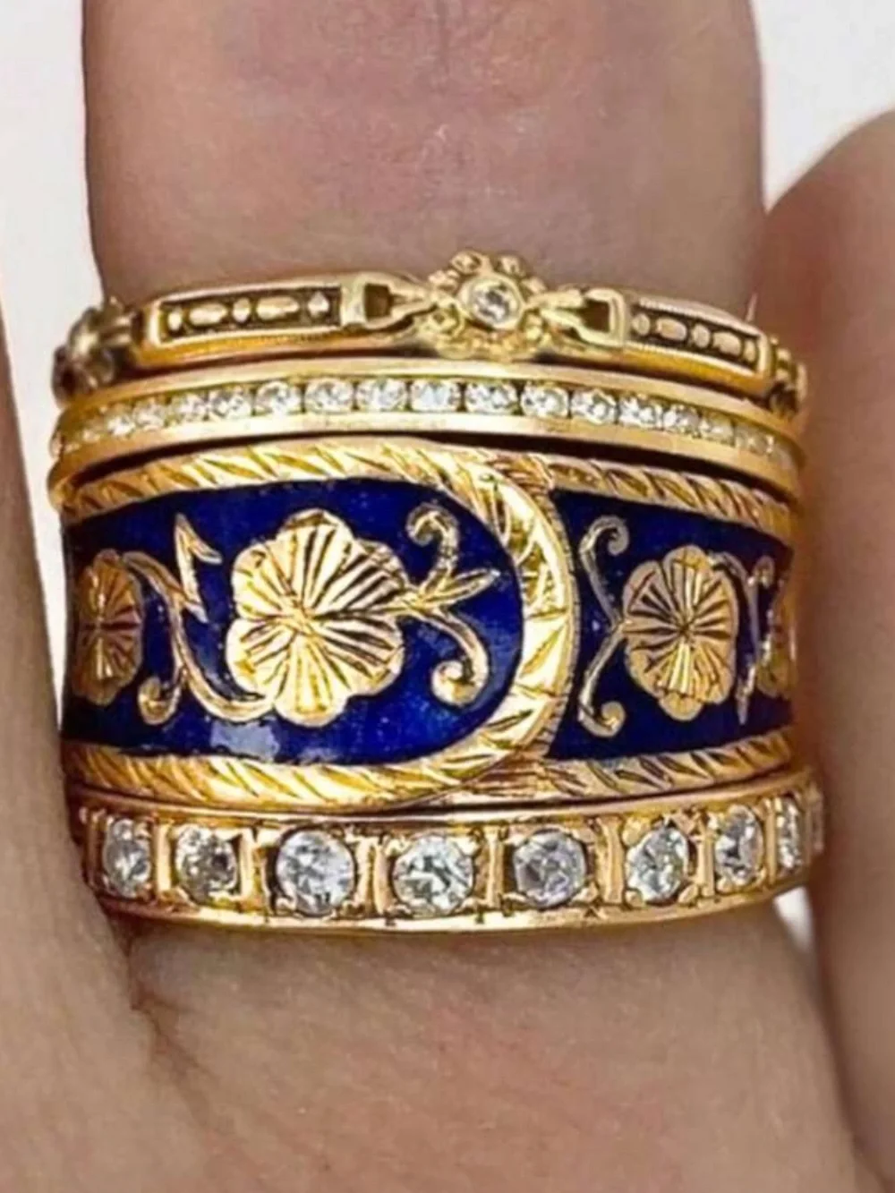 Gold and Blue Enamel Floral Band Ring